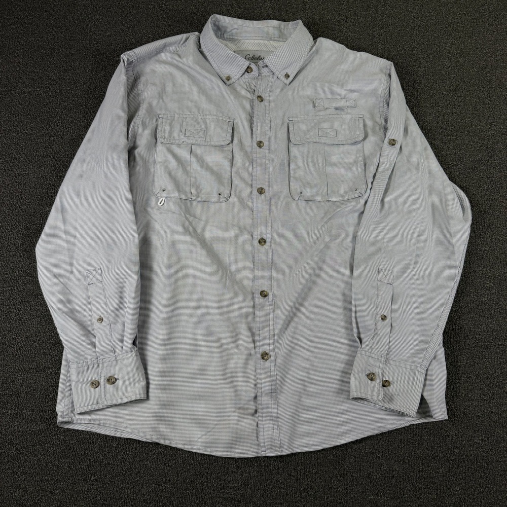 Cabela's Fishing Shirt Mens Large 4Most UPF 30 Gray Houndstooth EUC